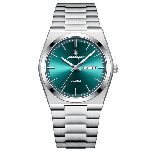 DAXIAOYU メンズ ラグジュアリー ビジネスウォッチ 防水 暗闇で光る 日付 週間 ステンレススチール メンズウォッチ カジュアル クォーツ メンズウォッチ メンズ, シルバーグリーン。, モダン